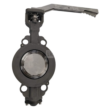 Przepustnica bezkołnierzowa EMARIS z dźwignią reczną, dysk: AISI316, wykładzina: PTFE +15% Grafit, korpus: stal WCB, Pnom 2,5 MPa, tmax=260 st.C DN 80