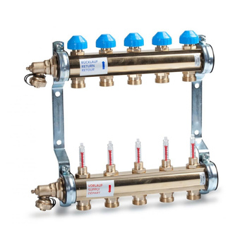 Rozdzielacz mosiądz, zasilanie dół 0-6l/min, powrót górna belka, w zestawie spust/odpowietrz. HKV513,4 OUTLET HEAT.CIRC. MANIFOLD 