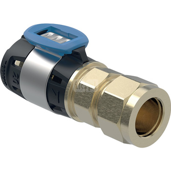 Złączka przejściowa GEBERIT FlowFit, brąz krzemowy bezołowiowy, 16 mm x 14 mm (śrubunek zaciskowy x łącznik zaprasowywany)