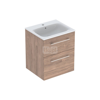 Zestaw umywalki meblowej Geberit Selnova Square, slim rim, z szafką pod umywalkę, z dwoma szufladami: B1=53.8cm, T=50.2cm, Otwór na baterię=Na środku, Przelew=Widoczny, Orzech włoski hickory