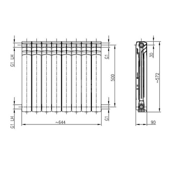 Grzejnik żeberkowy KFA Armatura G500/8 aluminium, podłączenie boczne 572 x 644 mm, kolor grafit (RAL 9007), moc 1128 W