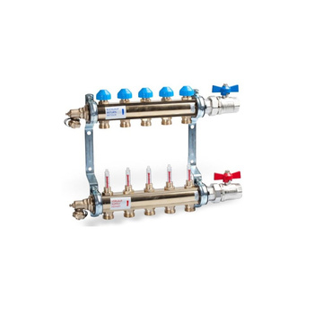 Rozdzielacz z 0-4l/min zasilanie dół, powrót górna, mosiądz, w zestawie obrotowe zawory kulowe, spust/odpowietrzenie HKV-T11-AS25