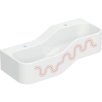 Umywalka GEBERIT Bambini 2-stanowiskowa prostokątna (rynna, elementy dekoracyjne), biała, 900mm, otwór na baterię na środku (x2), bez odpływu przelewowego, półka od ściany