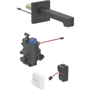 Bateria umywalkowa Geberit Brenta, ścienna, zasilanie sieciowe, do podtynkowej skrzynki funkcyjnej, z mieszaczem termostatycznym, L=22cm, czarny mat