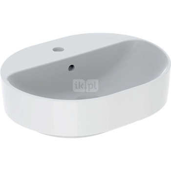 Umywalka GEBERIT Variform eliptyczna, biała / KeraTect, 500mm, otwór na baterię na środku, stawiana na blat, z odpływem przelewowym, półka od ściany