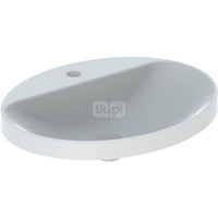 Umywalka GEBERIT Variform eliptyczna, biała, 600mm, otwór na baterię na środku, wpuszczana w blat, bez odpływu przelewowego, półka od ściany