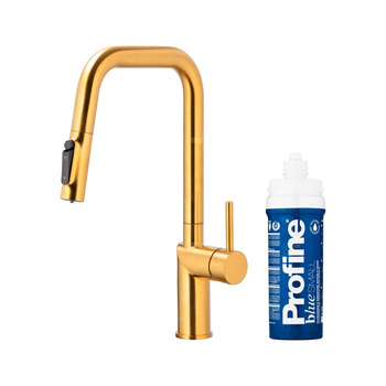 DUERO PURE STYLE PULL-OUT BATERIA KUCHENNA Z FUNKCJĄ FILTRACJI WODY I WYCIĄGANĄ WYLEWKĄ, BRUSHED GOLD + ZESTAW FILTRUJĄCY PROFINE BLUE S