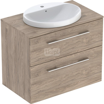 Zestaw szafki z blatem pod umywalkę Geberit Selnova Square, B79.1cm, H70.3cm, T50.2cm, z dwiema szufladami, orzech włoski hickory, z umywalką wpuszczaną w blat, z przelewem, z otworem na baterię
