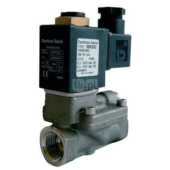 Typ WBI2 - zawór elektromagnetyczny z serwosterowaniem wraz z cewką, normalnie zamknięty, zasilanie: 24V DC, uszczelki i membrana: FKM, Pnom 1,0 MPa, tmax=100 st.C. 3/4''