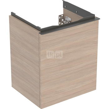 Szafka pod małą umywalkę Geberit Acanto, z szufladą: Korpus i front: dąb / melaminowa struktura drewna, Uchwyt: lava / malowany proszkowo, matowy, Szerokość umywalki=45cm
