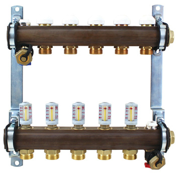 Rozdzielacz do ogrzewania podłogowego HERZ 6-obieg. GW 1'' x GZ 3/4'' + przepływomierz + zawór napełn/spust + odpowietrznik