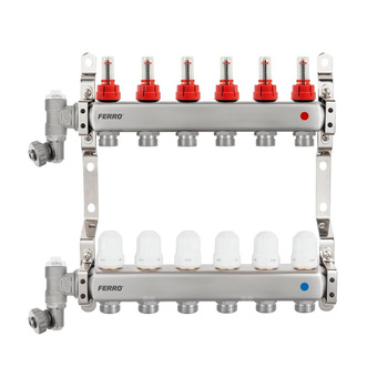 Rozdzielacz stalowy F-Comfort z zaworami termostatycznymi, przepływomierzami, ręcznym odpowietrznikiem i zaworem spustowym, 11-drogowy