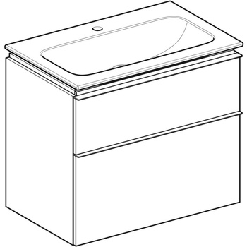 Zestaw umywalki meblowej Geberit iCon slim rim, z szafką pod umywalkę, z dwoma szufladami i zestawem odpływowo-przelewowym do umywalki: B=75cm, Umywalka: biały, Korpus i front: orzech hickory / melaminowa struktura drewna, Uchwyt: lava / malowany proszkow