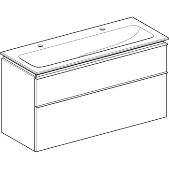 Zestaw umywalki meblowej Geberit iCon, slim rim, z szafką pod umywalkę, z dwoma szufladami i odpływowo-przelewowym do umywalki: B=120cm, Umywalka: biały, Korpus i front: dąb / melaminowa struktura drewna, Uchwyt: lava / malowany proszkowo, matowy