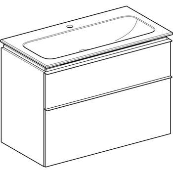 Zestaw umywalki meblowej Geberit iCon slim rim, z szafką pod umywalkę, z dwoma szufladami i zestawem odpływowo-przelewowym do umywalki: B=90cm, Umywalka: biały, Korpus i front: szary piaskowy / lakierowany, wysoki połysk, Uchwyt: szary piaskowy / malowany