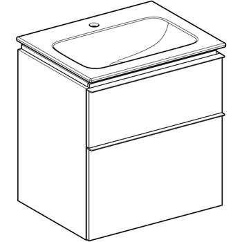 Zestaw umywalki meblowej Geberit iCon slim rim, z szafką pod umywalkę, z dwoma szufladami i zestawem odpływowo-przelewowym do umywalki: B=60cm, Umywalka: biały, Korpus i front: dąb / melaminowa struktura drewna, Uchwyt: lava / malowany proszkowo, matowy