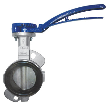 Przepustnica bezkołnierzowa SYLAX z napędem ręcznym dźwigniowym, dysk: AISI316, wykładzina: EPDM, korpus: stal nierdzewna AISI316, epoksyd., Pnom 1,6 MPa, tmax=120 st.C DN 150