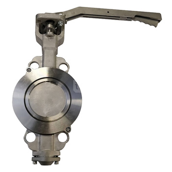 Przepustnica bezkołnierzowa EMARIS z dźwignią reczną, dysk: AISI316, wykładzina: PTFE +15% Grafit, korpus: AISI316, Pnom 2,5 MPa, tmax=260 st.C DN 80