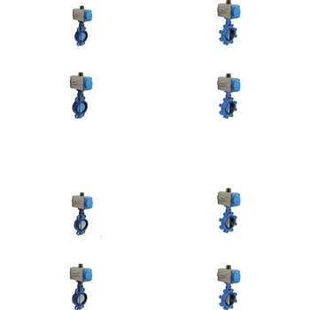 Przepustnica bezkołnierzowa SYLAX z napędem pneumatycznym SOCLA jednostronnego działania (ciśnienie powietrza zasilającego 6 bar), dysk: AISI316, wykładzina: EPDM, korpus: GG25 epoksyd., Pnom 1,6 MPa, tmax=120 st.C DN 50