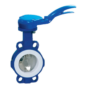 Przepustnica bezkołnierzowa LYCENE z napędem ręcznym dźwigniowym, dysk: Duplex, wykładzina: PTFE, korpus: GGG40 epoksyd., Pnom 1,0 MPa, tmax=200 st.C DN 150