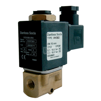 Typ AKB2 - zawór elektromagnetyczny bezpośredniego działania wraz z cewką, normalnie zamknięty, zasilanie: 230V 50Hz, uszczelki i membrana: FKM, Pnom 3,5 MPa, tmax=100 st.C. 3/8''