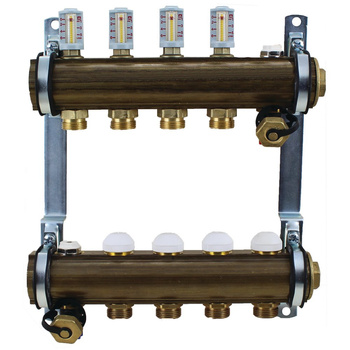 Rozdzielacz do ogrzewania podłogowego HERZ 5-obieg. mosiądz GW 1'' x GZ 3/4'' + przepływomierz + zawór napełn/spust + odpowietrznik