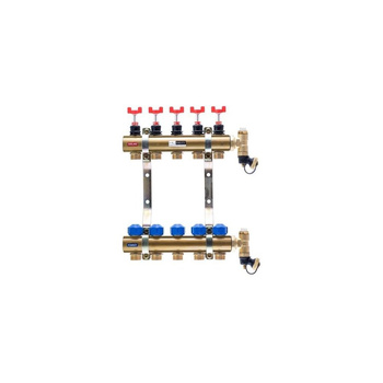 Rozdzielacz do ogrzewania podłogowego QIK BASIC II 5-obieg. mosiądz gw 1'' x gz 3/4'' + przepływomierz