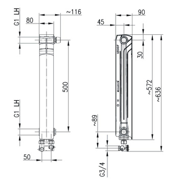 Grzejnik żeberkowy KFA Armatura G500F/D/1 aluminium, podłączenie dolne, prawe, kątowe 572 x 80 mm, kolor biały (RAL 9016)