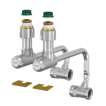 Zestaw przyłączeniowy grzejnikowy dwururowy FLAMCO MEIBES 3/4 cala zewnętrzne x 3/4 cala Eurokonus, rozstaw 50 mm, zawór kątowy (kąt prosty)