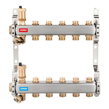 Rozdzielacz 8-drogowy (do systemów c.o. i c.w.u.) z zaworami odcinającymi obwody, stal nierdzewna