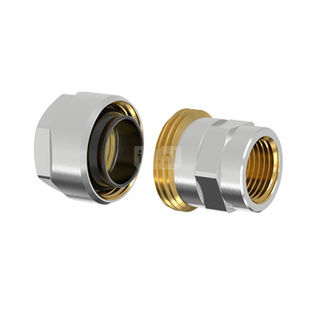 Złącze FLAMCO MEIBES PLUS DVGW dwuczęściowy, mosiądz (niklowanie) / mosiądz (niklowanie), 1/2'' (GW gazowy walcowy x PZ), 49 mm z uszczelką, PN10 bar