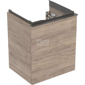 Szafka pod małą umywalkę Geberit Acanto, z szufladą: Korpus i front: orzech hickory / melaminowa struktura drewna, Uchwyt: lava / malowany proszkowo, matowy, Szerokość umywalki=45cm