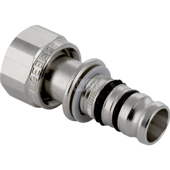 Półśrubunek GEBERIT Mepla przejściowy do zaworów, mosiądz nikiel (niklowanie) / mosiądz (niklowanie), 1/2'' x 16 mm (eurokonus x końcówka wciskowa), (głębokość: 9.5 mm) z uszczelką