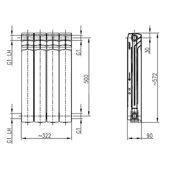 Grzejnik żeberkowy KFA Armatura G500F/4 aluminium, podłączenie boczne 572 x 322 mm, kolor grafit (RAL 9007), moc 564 W