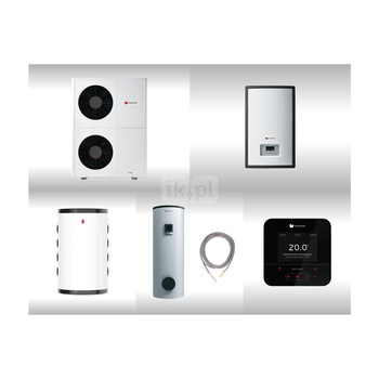 Pompa ciepła powietrzna powietrze-woda monoblok SAUNIER DUVAL GeniaAir HA 10-6 O 9.2 kW 400 V + Moduł naścienny HE 9-6 WB + Moduł komunikacji internetowej SR 940f + Zasobnik c.w.u. FEW 300 + Zasobnik buforowy WR RW 50 + Regulator SRC 720