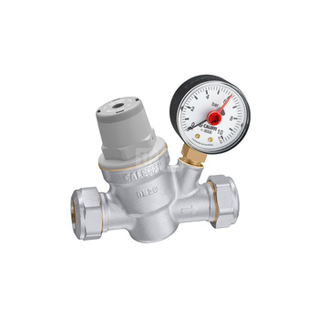 Regulator ciśnienia CALEFFI 5338H, złącze zaciskowe 22, 16 bar z manometrem, wersja skośna