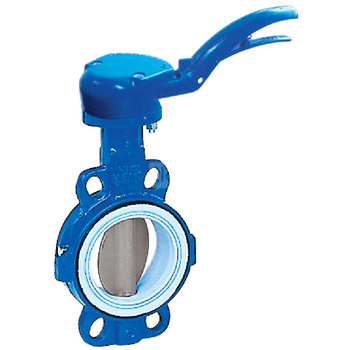 Przepustnica bezkołnierzowa TILIS z napędem ręcznym dźwigniowym, dysk: AISI316, wykładzina: PTFE, korpus: GGG40 epoksyd., Pnom 1,0 MPa, tmax=150 st.C DN 50