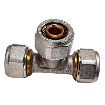 Trójnik QIK Skręcany do rur wielowarstwowych redukcja mosiądz 26 mm x 20 mm x 16 mm (złącze skręcane x złącze skręcane x złącze skręcane)
