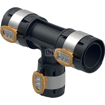 Trójnik redukcyjny Geberit FlowFit: Materiał=PPSU, d=75mm, d1=63mm, d2=75mm