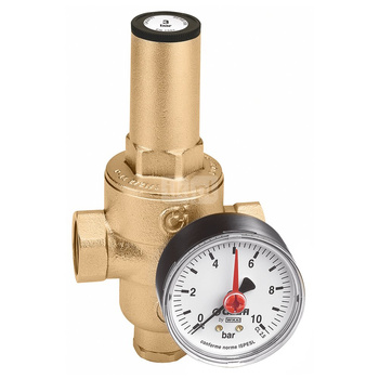 Regulator ciśnienia z wymiennym wkładem z manometrem. Przyłącza z gwintem wewnętrznym 1/2"