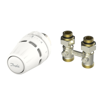 Zestaw termostatyczny kątowy składający się z cieczowej głowicy Regus™ M30 oraz zaworu RLV-KB do grzejników dolnozasilanych. 