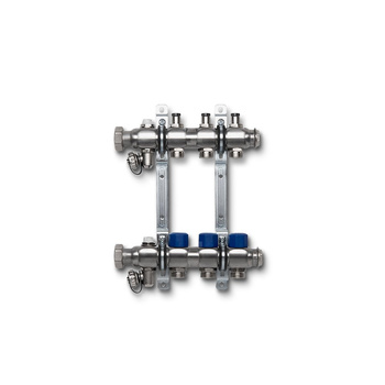 Rozdzielacz ze stali nierdzewnej. Wkładki termostatyczne na powrocie, uchwyt ścienny i zawór spustowy. 4