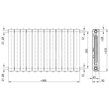 Grzejnik żeberkowy KFA Armatura ADR500/12 aluminium, podłączenie boczne 570 x 966 mm, kolor czarny