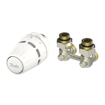 Zestaw termostatyczny prosty składający się z cieczowej głowicy Regus™ M30 oraz zaworu RLV-KB do grzejników dolnozasilanych. 