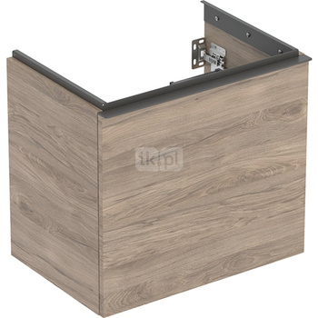 Szafka pod umywalkę Geberit Acanto, z szufladą i szufladą wewnętrzną, krótka: Szerokość umywalki=60cm, Korpus i front: orzech hickory / melaminowa struktura drewna, Uchwyt: lava / malowany proszkowo, matowy