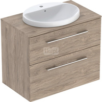 Zestaw szafki z blatem pod umywalkę Geberit Selnova Square, B79.1cm, H70.3cm, T50.2cm, z dwiema szufladami, orzech włoski hickory, z umywalką wpuszczaną w blat, z przelewem, z otworem na baterię