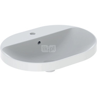 Umywalka GEBERIT Variform eliptyczna, biała / KeraTect, 600mm, otwór na baterię na środku, wpuszczana w blat, z odpływem przelewowym, półka od ściany