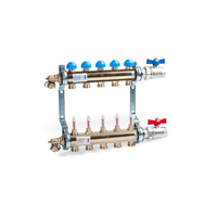 Rozdzielacz z 0-4l/min zasilanie dół, powrót górna, mosiądz, w zestawie obrotowe zawory kulowe, spust/odpowietrzenie HKV-T10-AS25