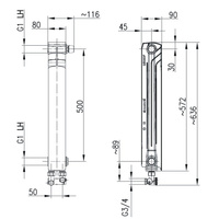 Grzejnik żeberkowy KFA Armatura G500F/D/1 aluminium, podłączenie dolne, prawe, kątowe 572 x 80 mm, kolor biały (RAL 9016)