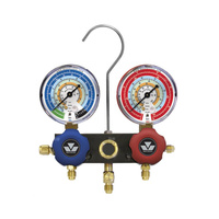 Dwudrogowa, aluminiowa oprawa zaworowa z manometrami klasy 1.6, średnicy 63 mm do R134a, R22, R12, R404A z przewodami 3 x 90 cm